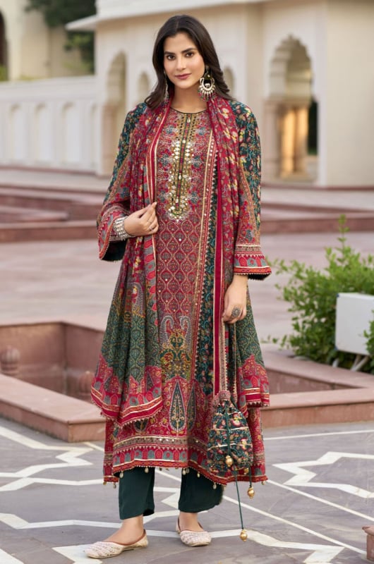 Multicolor Embroidered Chinnon Readymade Suit
