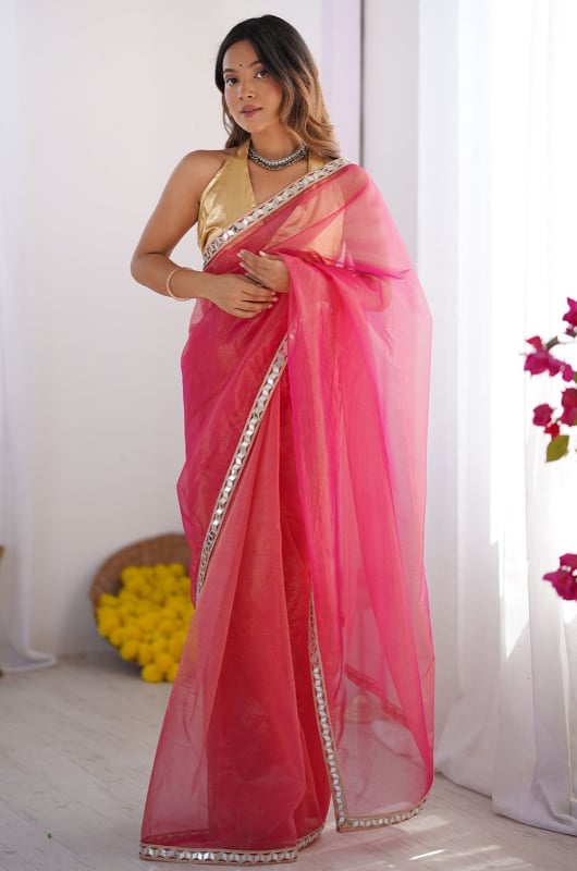 Neon Pink Embellished Twill Net Saree