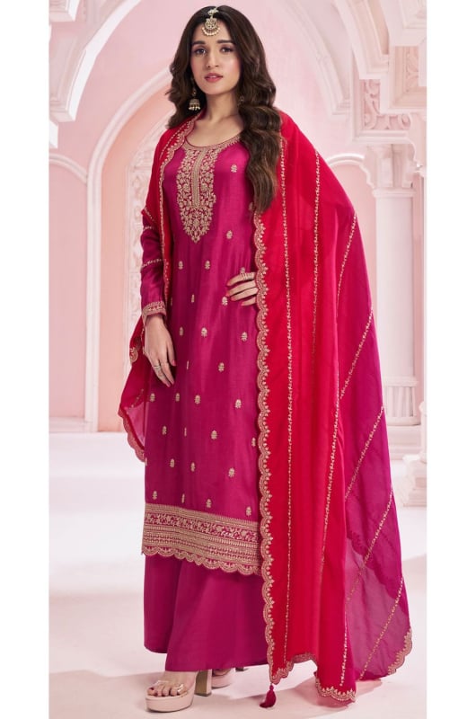 Nidhi Shah Rani Pink Embroidered Silk Georgette Palazzo Suit