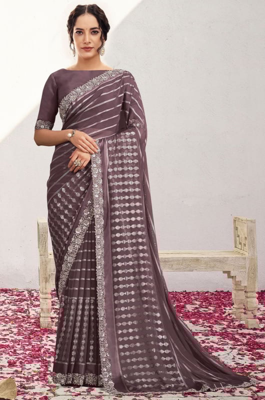 Oak Brown Embroidered Georgette Kasab Saree