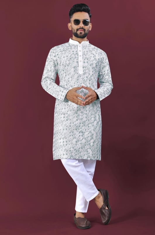Off White and Teal Embroidered Silk Kurta Set