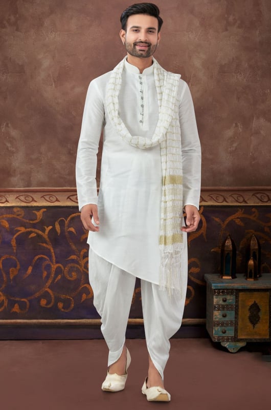 Off White Art Silk Dhoti Kurta Set for Festival