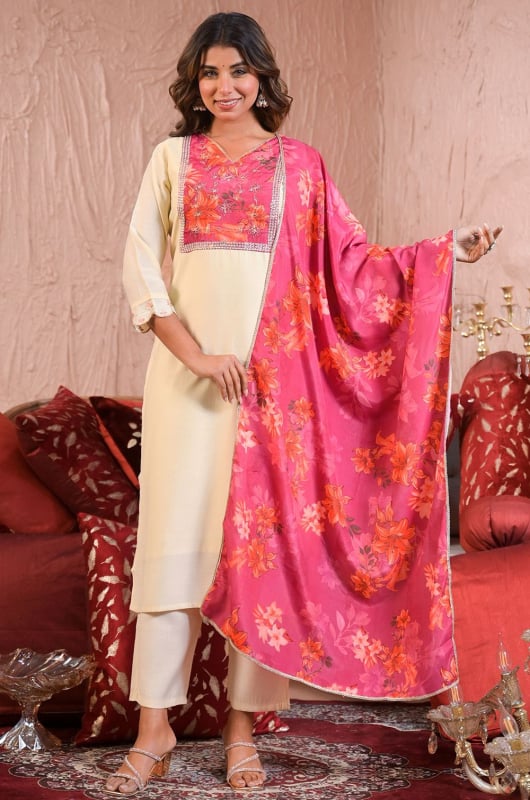 Off White Chanderi Readymade Pant Kameez