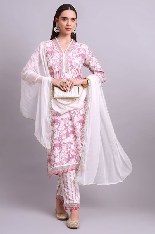 Off White Cottom Embroidered Readymade Suit