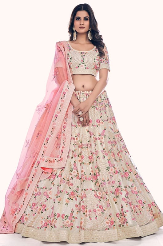 Off White Embroidered Net Lehenga Choli Set for Wedding