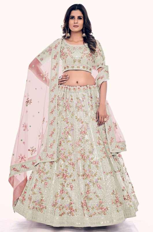 Off White Embroidered Net Lehenga Choli Set for Wedding