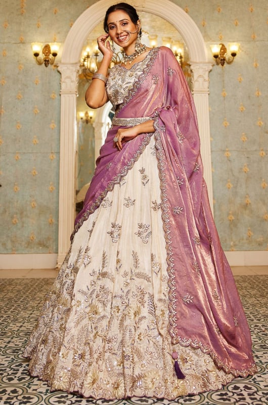 Off White Embroidered Viscose Rayon Designer Lehenga Set