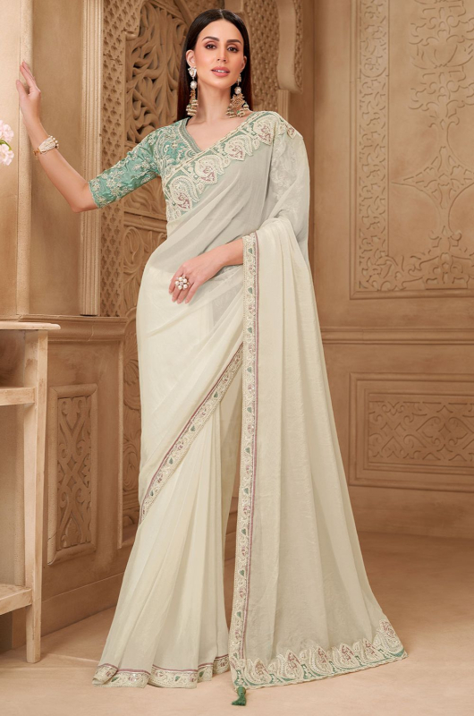 Off White Georgette Silk Saree with Embroidered Blouse
