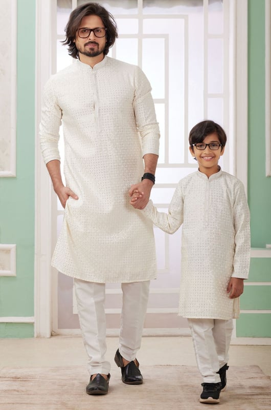 Off White Sequins Embroidered Art Silk Kurta Set Combo