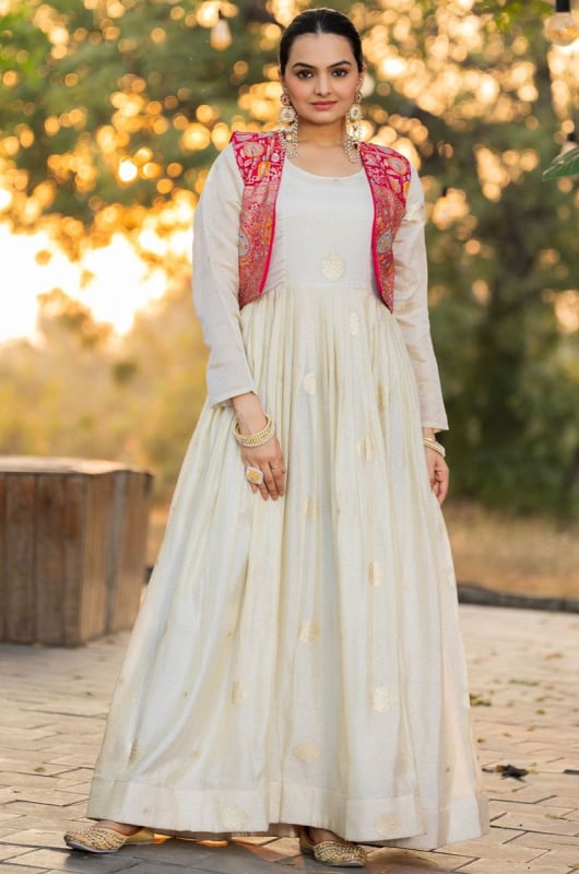 Off White Shimmer Silk Anarkali Gown