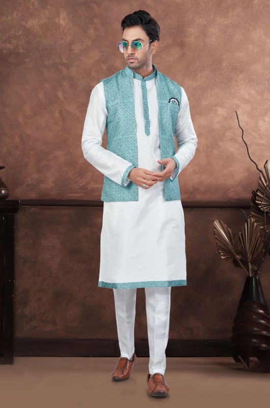Off White Silk Kurta Pyjama Set with Firozi Jacket