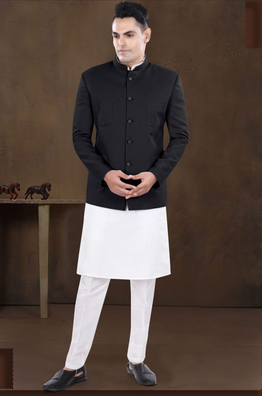 Buy Off White Silk Kurta Pyjama with Black Jodhpuri Jacket Online