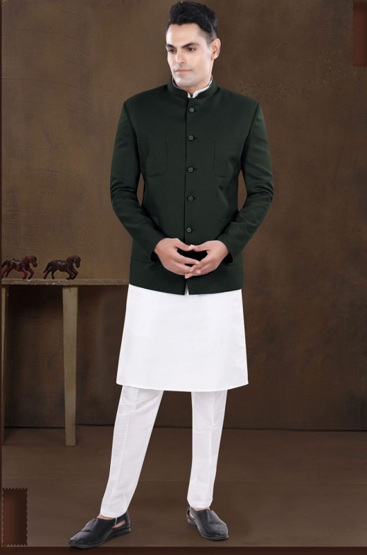 Off White Silk Kurta Pyjama with Bottle Green Jodhpuri Jacket