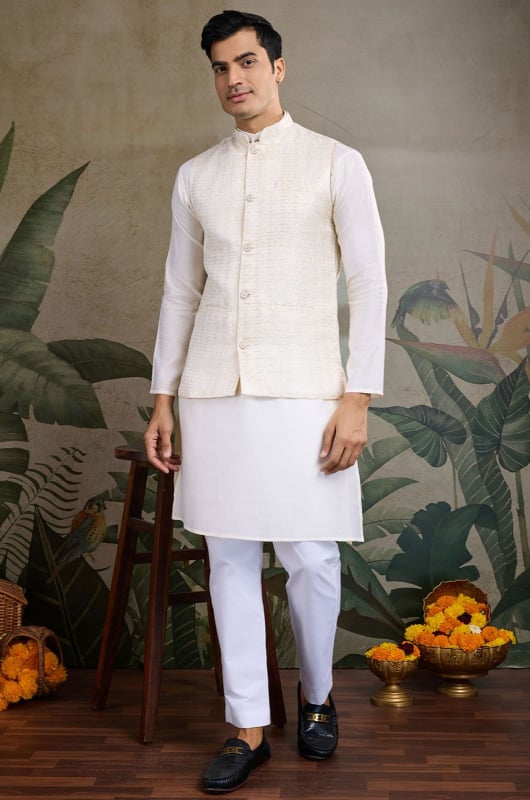 Off White Viscose Silk Kurta Set with Jacket