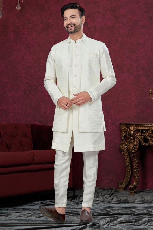 Off White Wedding Wear Indo Western Outfilt