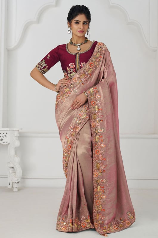 Old Rose Handwork Pure Viscose Silk Designer Saree