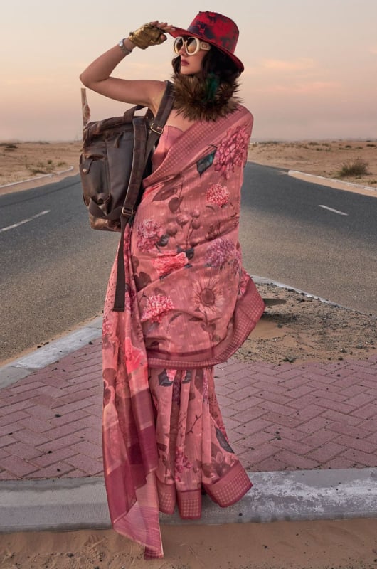 Old Rose Pink Digital Print Linen Saree