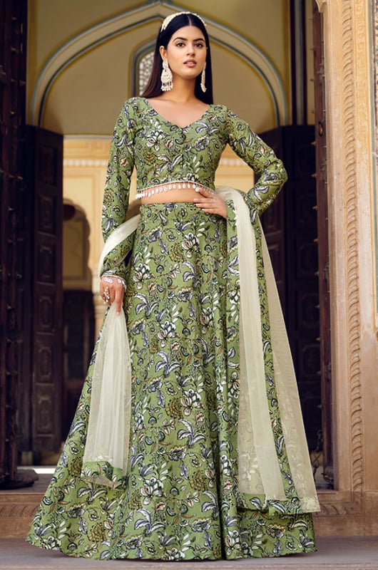 Olive Green Crushed Silk Designer Lehenga Choli Set