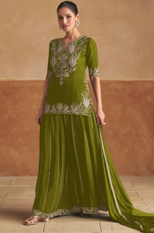 Olive Green Embroidered Chinnon Lehenga Kameez