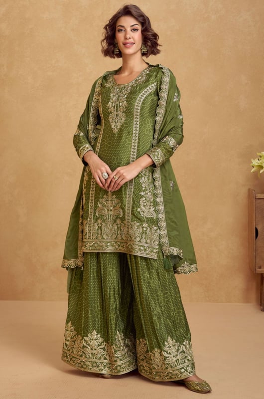 Olive Green Embroidered Chinnon Silk Palazzo Kameez for Festival