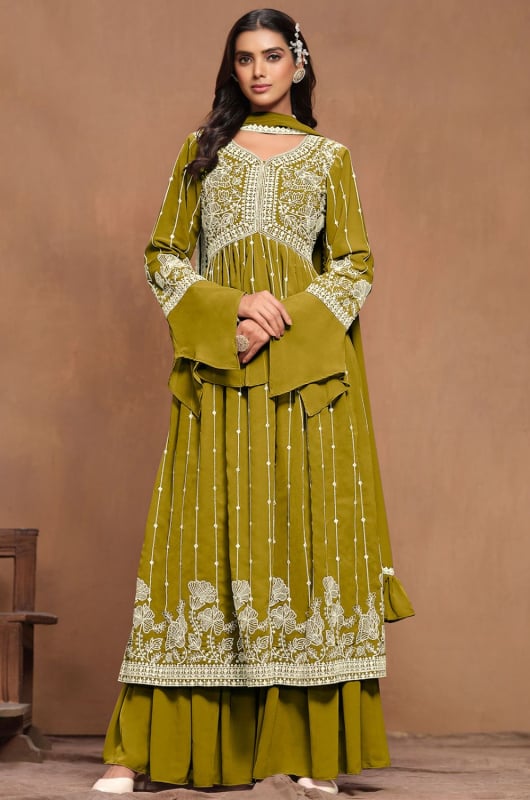 Olive Green Embroidered Faux Georgette Palazzo Kameez