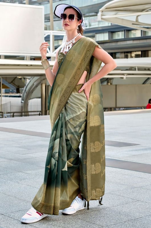 Olive Green Handloom Silk Printed Saree