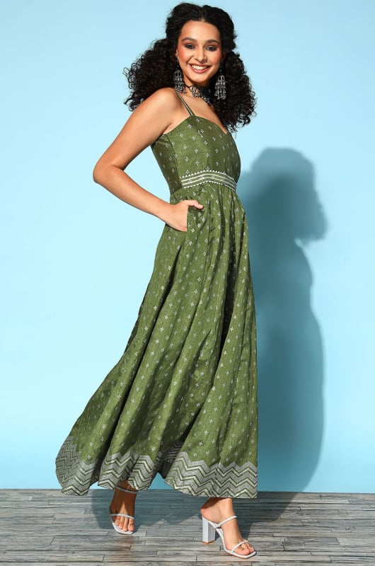 Olive Green SIlk Readymade Dress