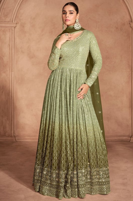 Ombre Green Embroidered Georgette Anarkali Gown with Dupatta