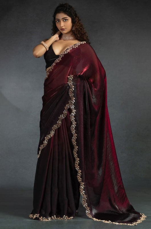 Ombre Maroon and Black Embellished Satin Silk Saree