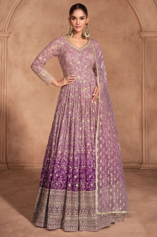 Ombre Pink Embroidered Georgette Anarkali Gown with Dupatta