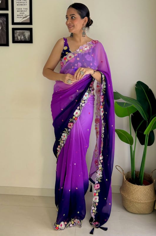 Ombre Purple Embroidered Faux Georgette Saree