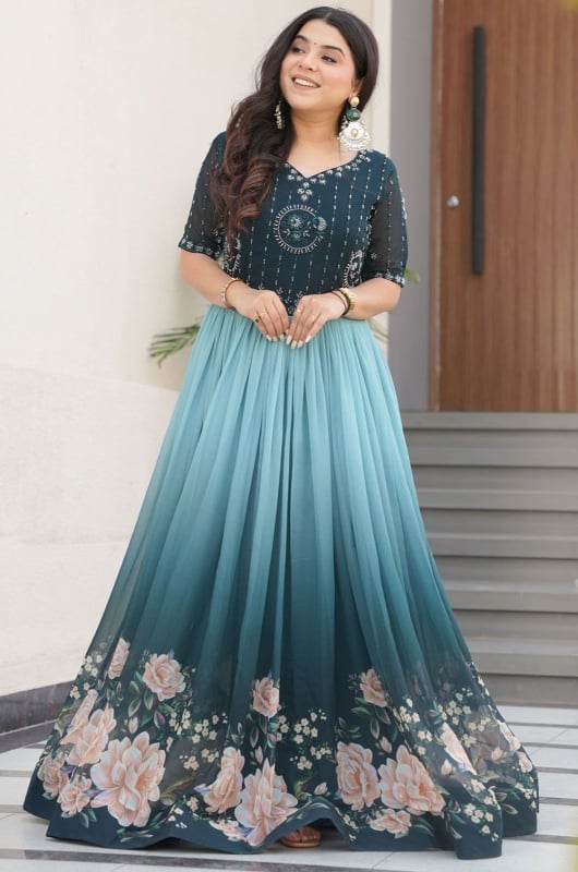Ombre Teal Blue Embroidered Faux Georgette Gown