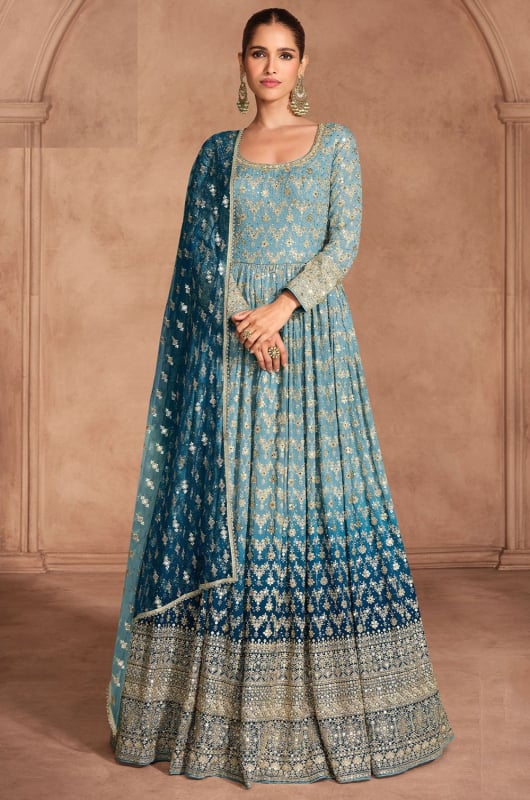Ombre Teal Blue Embroidered Georgette Anarkali Gown with Dupatta