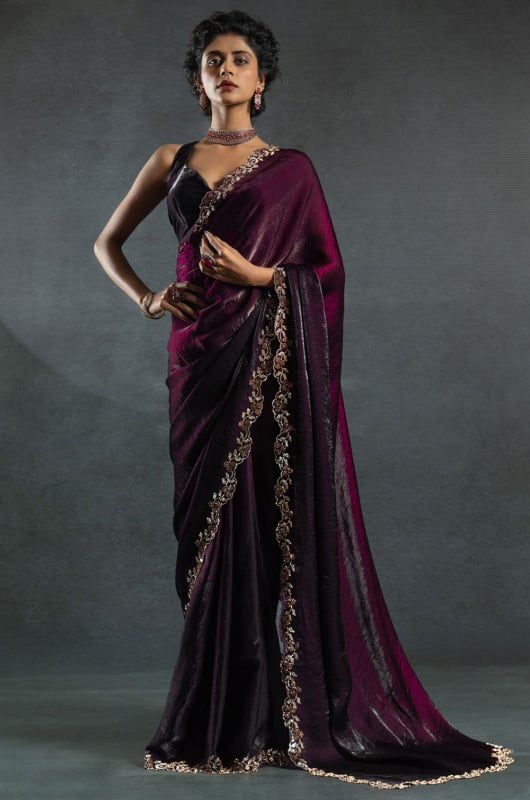Ombre Wine and Black Embellished Satin Silk Saree
