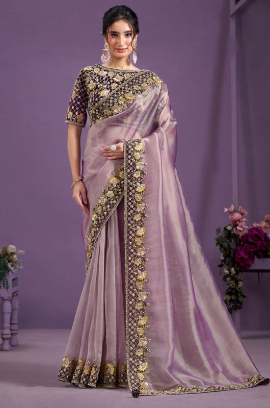 Onion Pink Designer Embroidered Saree