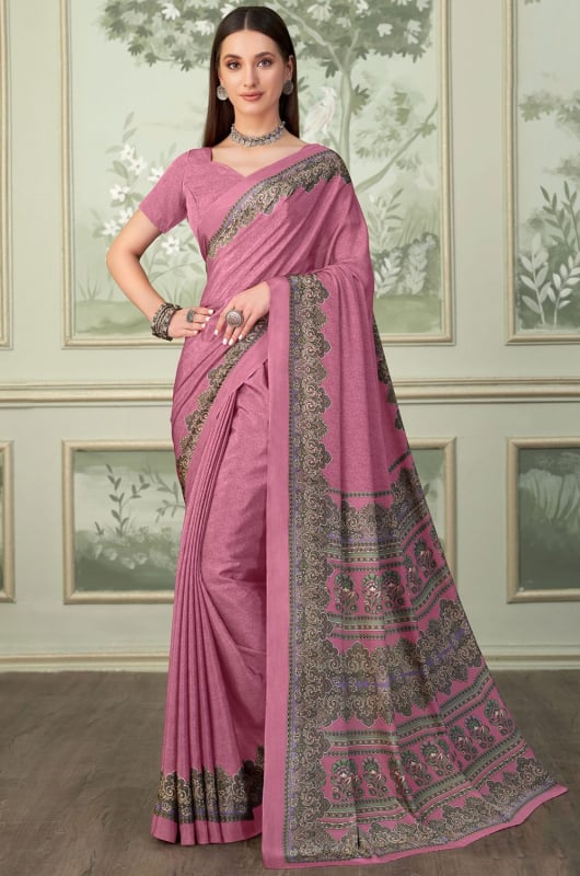 Onion Pink Digital Print Silk Crepe Saree