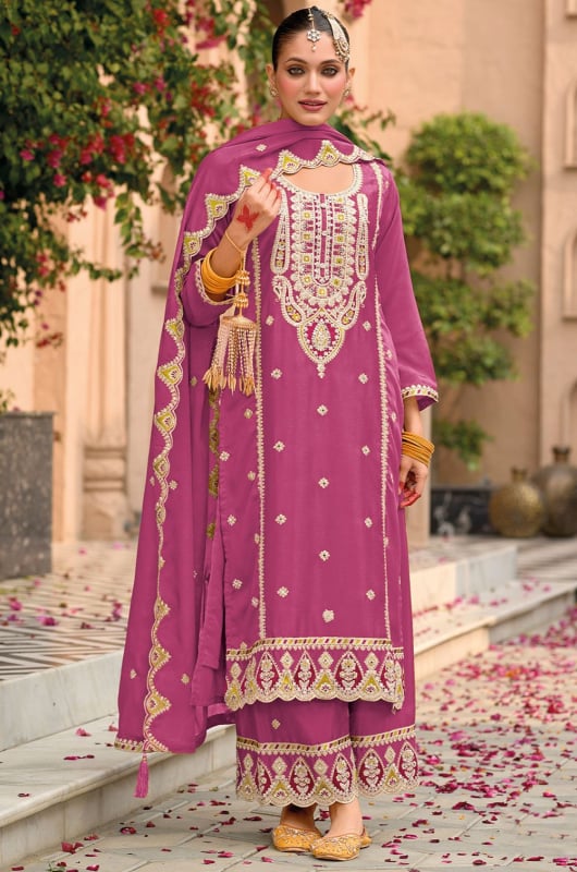 Onion Pink Embroidered Chinnon Palazzo Kameez