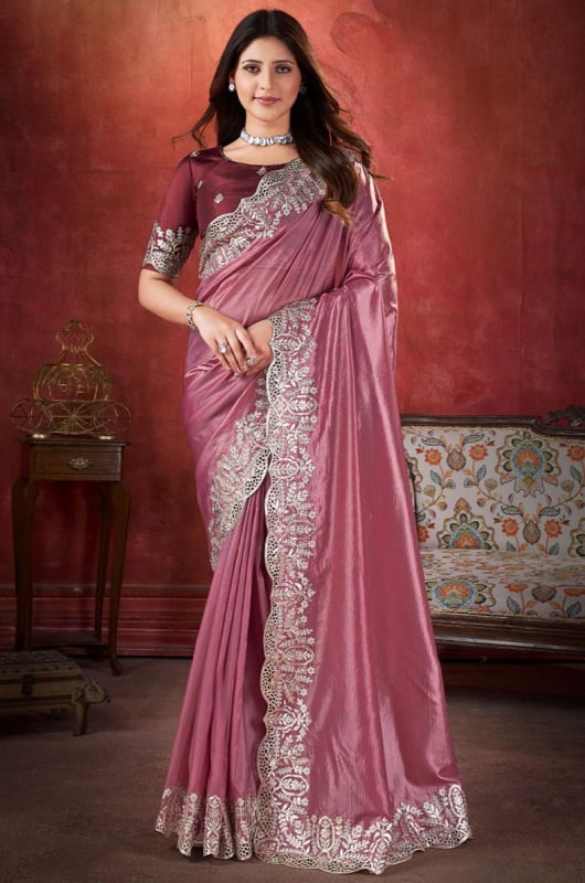 Onion Pink Zari Cut Work Crushed Silk Saree