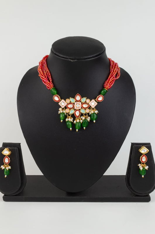 Orange and Green Heavy Designer Necklace Set