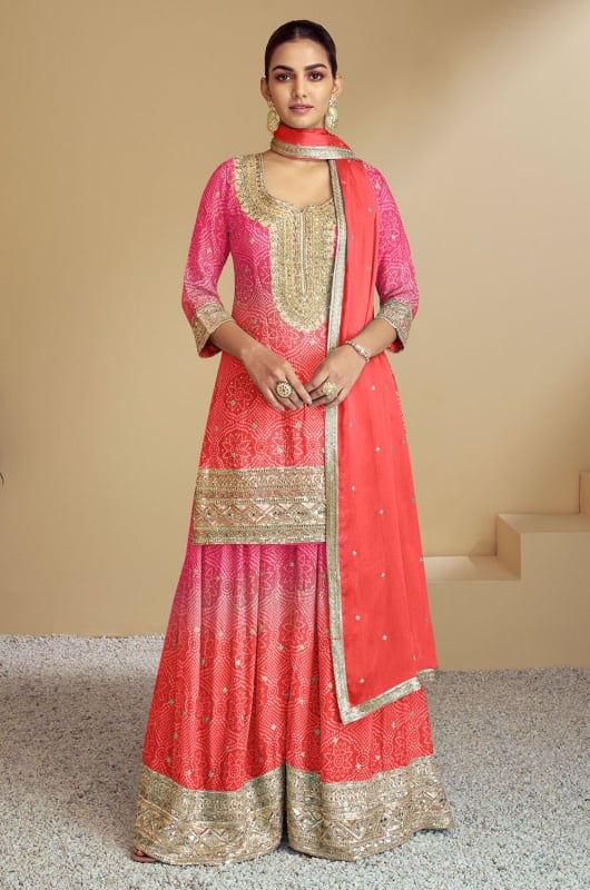 Orange and Rani Pink Real Digital Chinon Embrodiered Sarara Kameez Suit