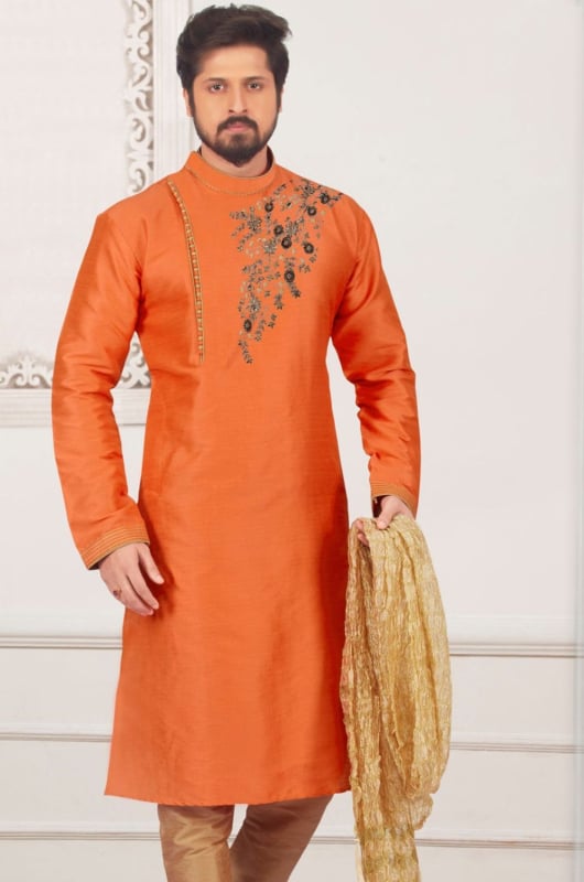Orange Dupion Silk Mens Kurta