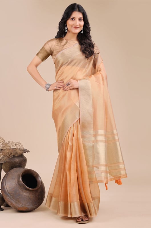 Orange Organza Woven Saree