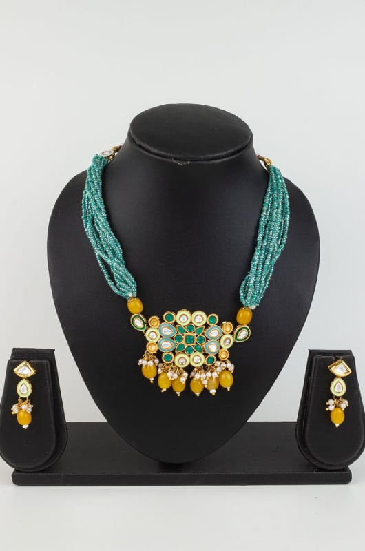 Yellow and Green Heavy Designer Necklace Set