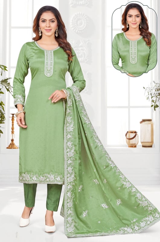 Parrot Green Chinnon Readymade Pant Kameez Suit
