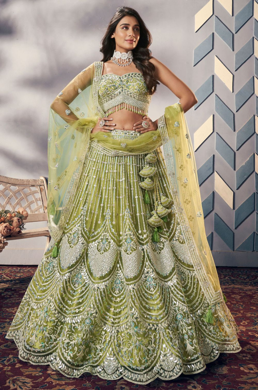 Parrot Green Heavy Net Designer Lehenga Choli Set