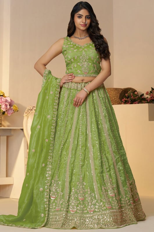 Parrot Green Tissue Organza Silk Designer Lehenga Choli