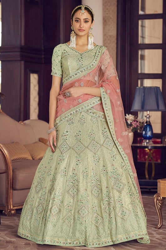 Pastel Green Embroidered Crepe Designer Lehenga Choli for Wedding