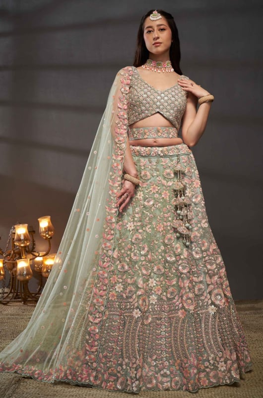 Pastel Green Embroidered Designer Lehenga Choli Set for Ceremonial
