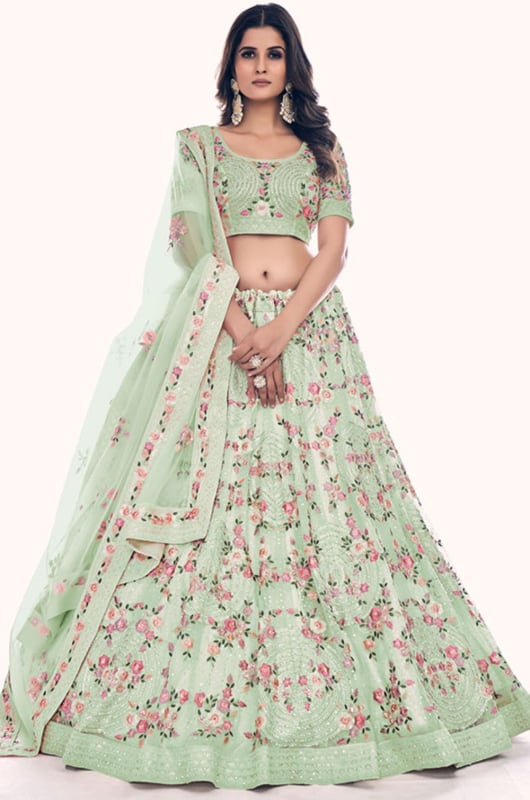 Pastel Green Embroidered Net Lehenga Choli Set for Wedding