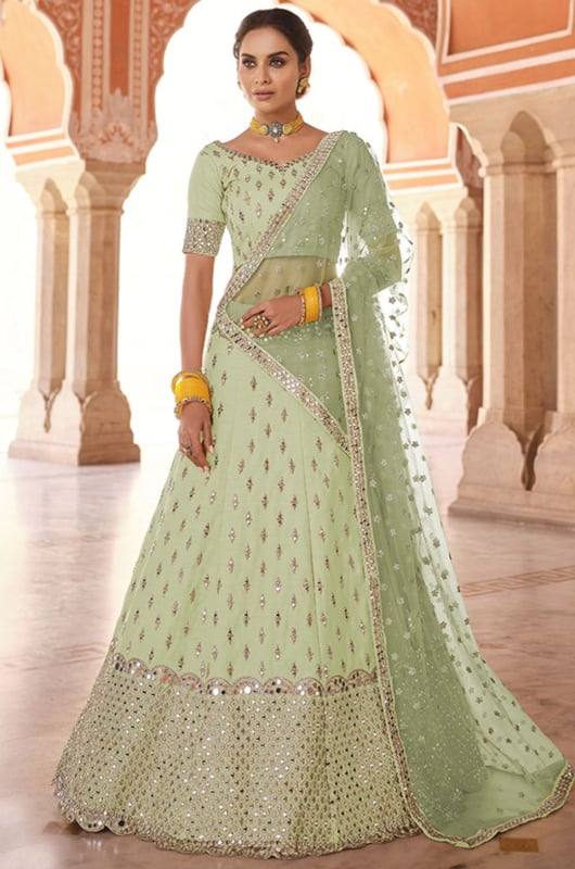 Pastel Green Mirror Work Art Silk Lehenga Choli for Wedding
